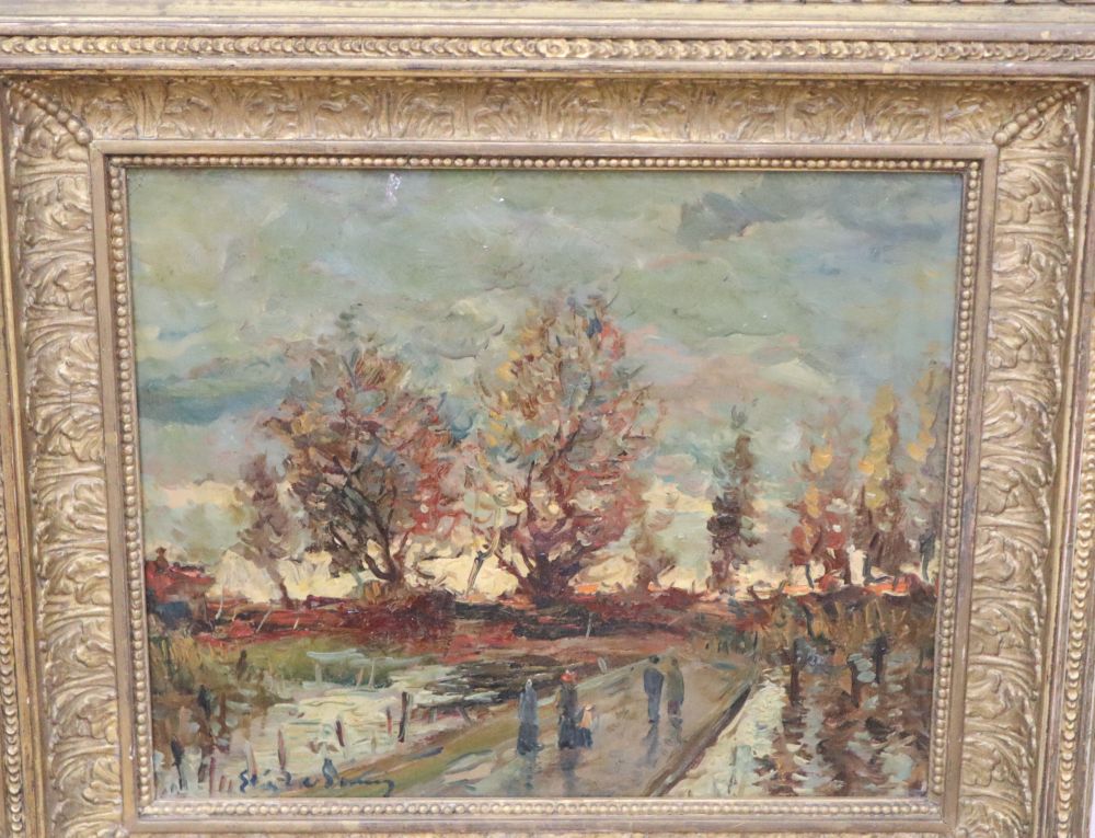 Early 20th century Continental School, impressionistic oil on board, Figures in a landscape, 24 x 29cm